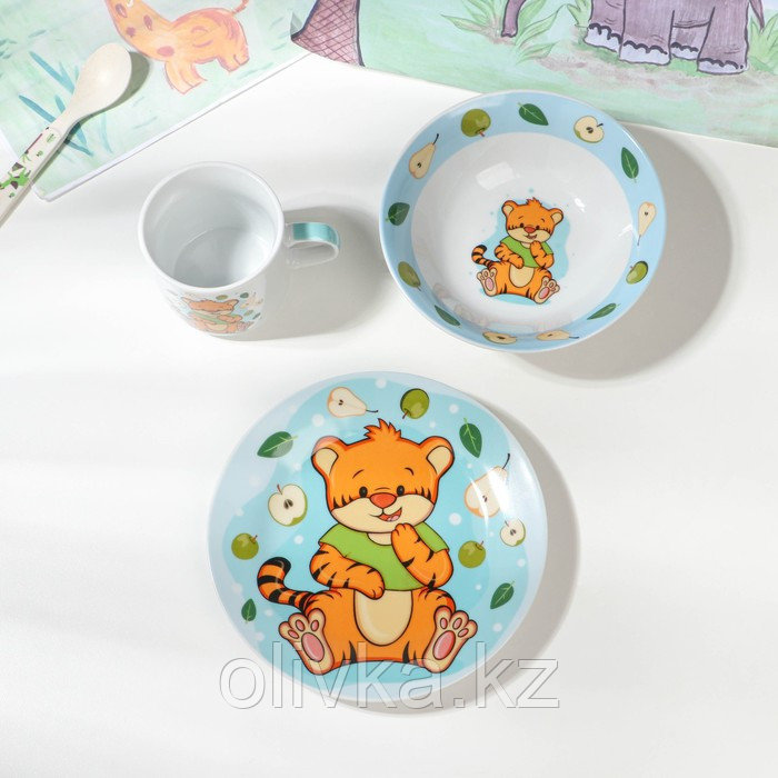 Набор детской посуды из керамики Доляна «Тигрёнок с грушами», 3 предмета: кружка 230 мл, миска 400 мл, тарелка - фото 2 - id-p113273562