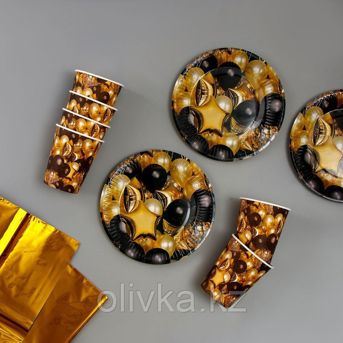 Набор бумажной посуды «Чёрное золото! Шары»: 6 тарелок, 6 стаканов, скатерть - фото 2 - id-p113277683