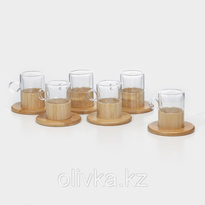 Сервиз чайный из стекла «Мадера», 12 предметов: 6 кружек 100 мл, 6 бамбуковых подставок d=11 см - фото 1 - id-p113279392
