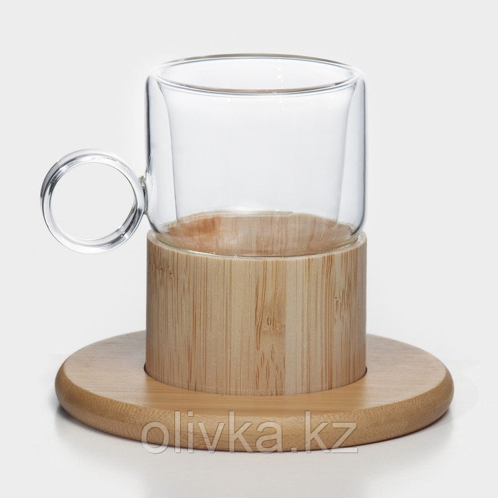 Сервиз чайный из стекла «Мадера», 12 предметов: 6 кружек 100 мл, 6 бамбуковых подставок d=11 см - фото 2 - id-p113279392
