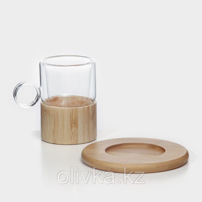 Сервиз чайный из стекла «Мадера», 12 предметов: 6 кружек 100 мл, 6 бамбуковых подставок d=11 см - фото 3 - id-p113279392