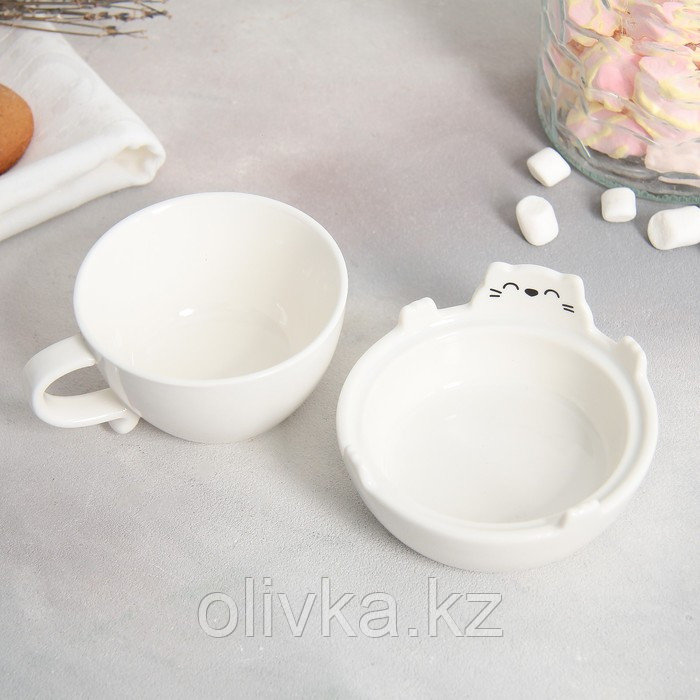 Набор для чаепития «Белый кот», кружка 150 мл, миска 10х3 см - фото 2 - id-p113267064