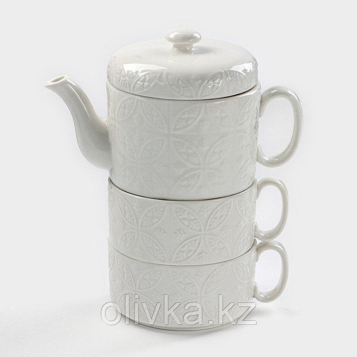 Набор фарфоровый чайный Доляна «Эстет. Орнамент», 3 предмета: чайник 400 мл, 2 кружки 280 мл, цвет белый - фото 1 - id-p113263725