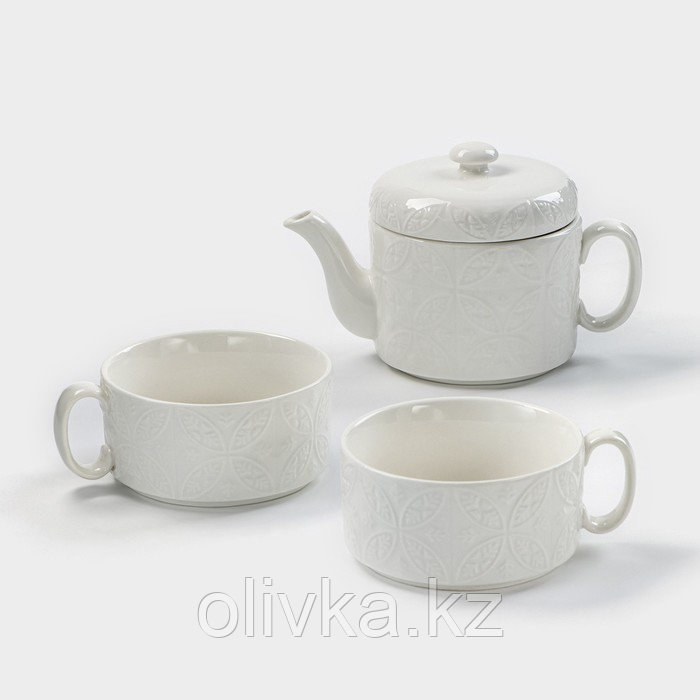 Набор фарфоровый чайный Доляна «Эстет. Орнамент», 3 предмета: чайник 400 мл, 2 кружки 280 мл, цвет белый - фото 2 - id-p113263725