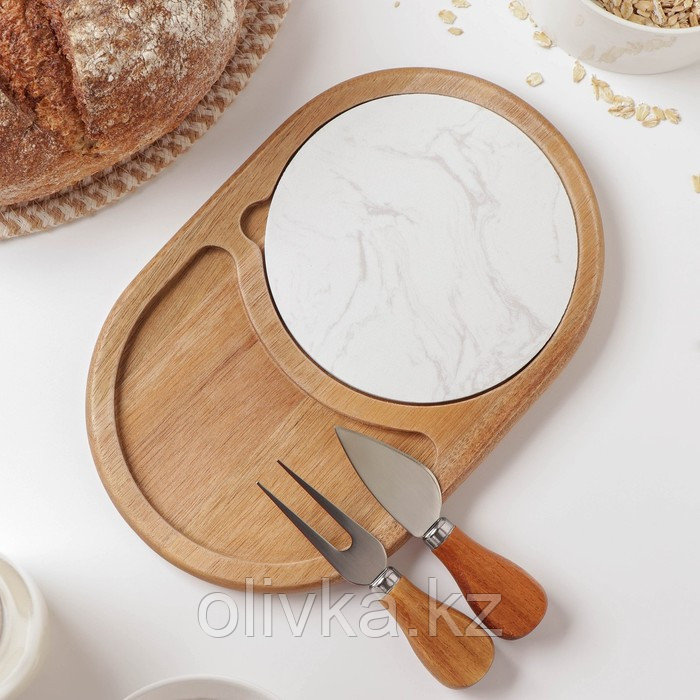 Набор для подачи сыра «Мрамор», 2 ножа, доска, 24,5×16×1,5 см, акация - фото 1 - id-p113263021