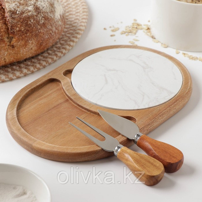 Набор для подачи сыра «Мрамор», 2 ножа, доска, 24,5×16×1,5 см, акация - фото 2 - id-p113263021