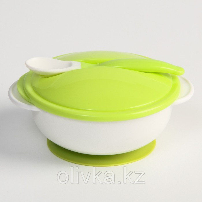 Набор детской посуды: миска на присоске 400мл., с крышкой, ложка, цвет белый/зеленый - фото 1 - id-p113263026