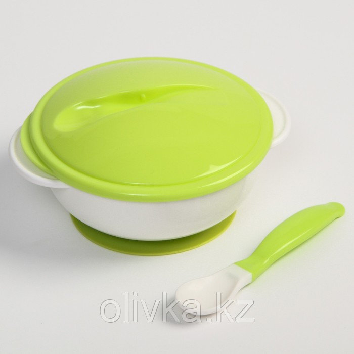 Набор детской посуды: миска на присоске 400мл., с крышкой, ложка, цвет белый/зеленый - фото 2 - id-p113263026