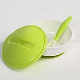 Набор детской посуды: миска на присоске 400мл., с крышкой, ложка, цвет белый/зеленый, фото 3