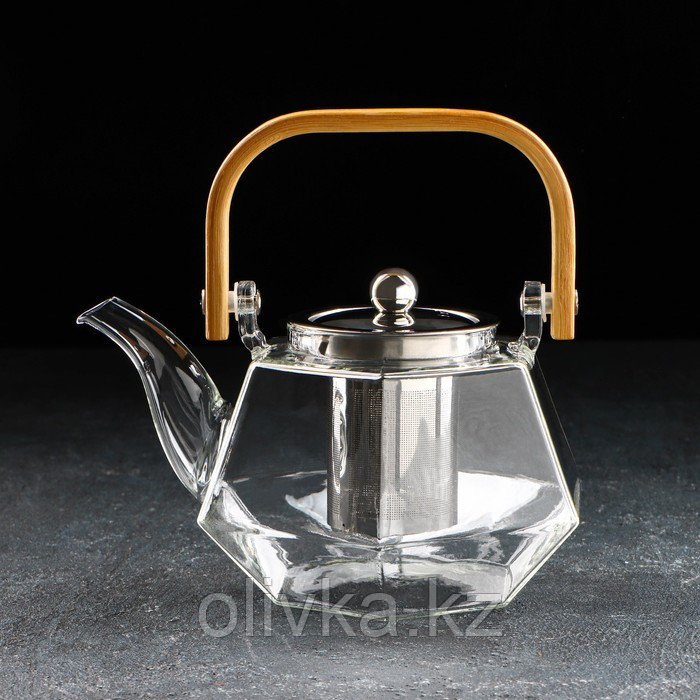 Чайник стеклянный заварочный с бамбуковой крышкой и металлическим ситом «Октогон», 800 мл - фото 1 - id-p113266352