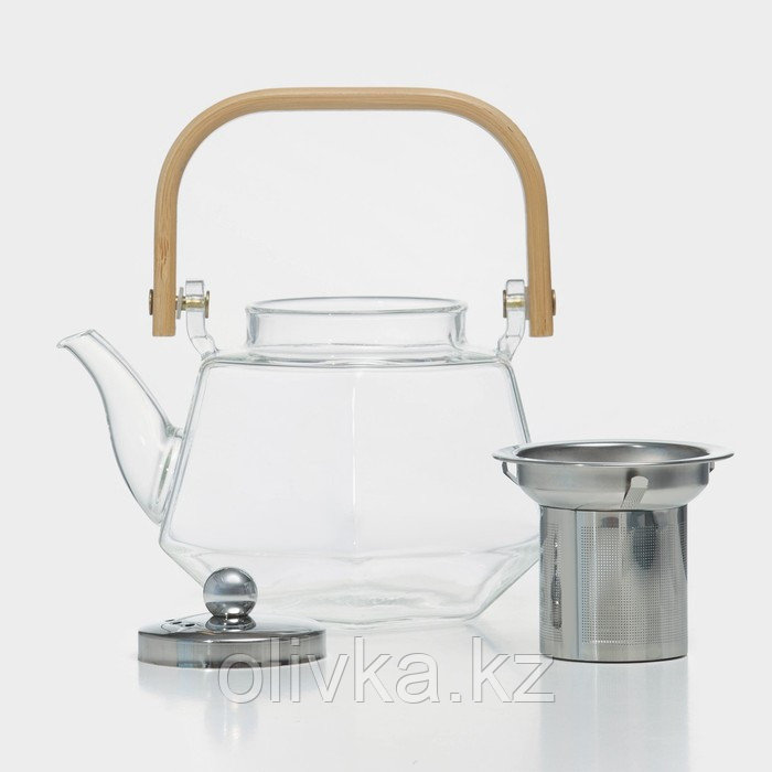 Чайник стеклянный заварочный с бамбуковой крышкой и металлическим ситом «Октогон», 800 мл - фото 4 - id-p113266352