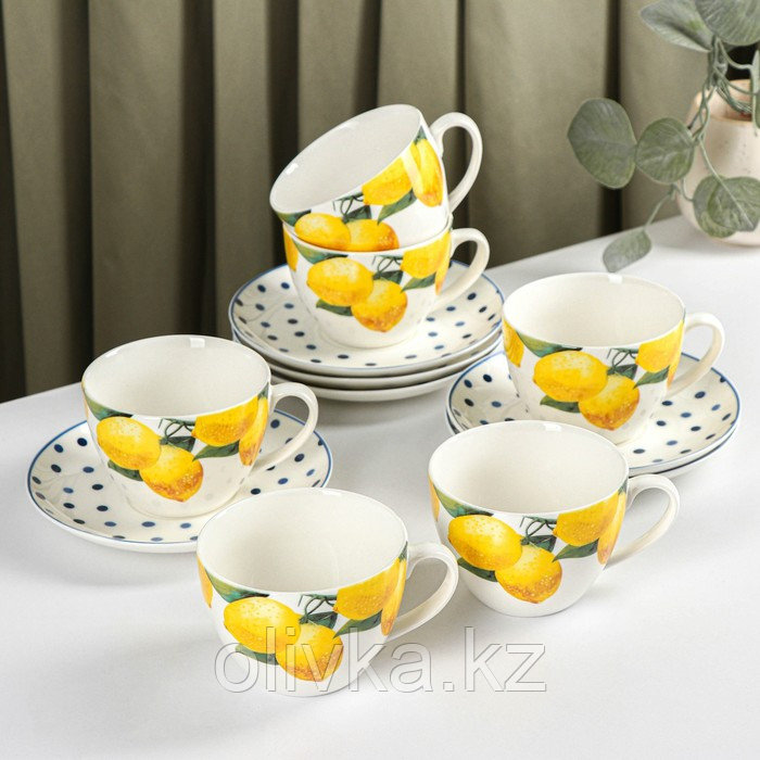 Сервиз фарфоровый чайный Доляна «Лимон», 12 предметов: 6 чашек 250 мл, 6 блюдец d=15,5 см, цвет белый - фото 1 - id-p113265581