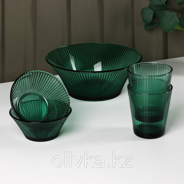 Набор стеклянной посуды «Верде», 5 предметов: 2 стакана 330 мл, 2 тарелки 280 мл, салатник 1,6 л, цвет зелёный - фото 1 - id-p113276361