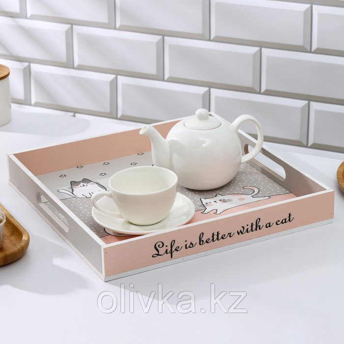 Набор посуды Доляна «Котики», поднос 32×32×4,5 см, чайный домик, подставка под кружку в подарок - фото 4 - id-p113268946
