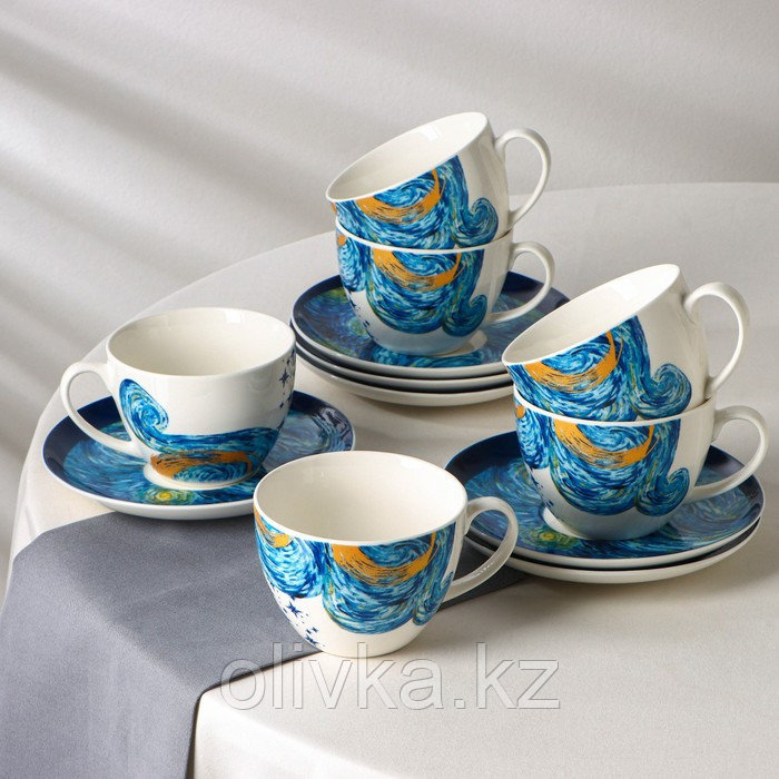 Сервиз фарфоровый чайный Доляна «Звёздная ночь», 12 предметов: 6 чашек 250 мл, 6 блюдец d=15 см - фото 1 - id-p113266432