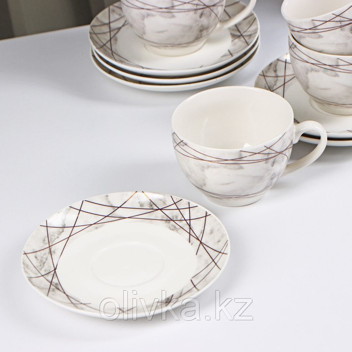 Сервиз фарфоровый чайный Доляна «Мрамор», 12 предметов: 6 чашек 280 мл, 6 блюдец d=15 см, цвет серый - фото 2 - id-p113268995