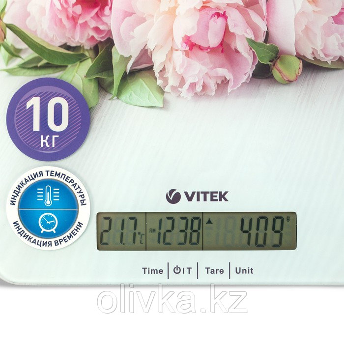 Весы кухонные Vitek VT-2414, электронные, до 10 кг, рисунок "Пионы" - фото 2 - id-p113267265