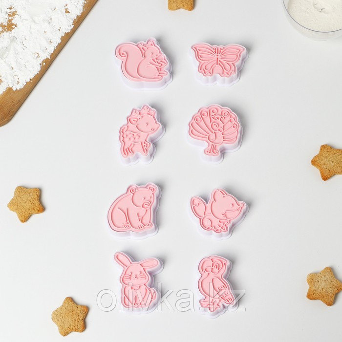 Набор форм для печенья Доляна «Животные», 8 предметов, цвет розовый - фото 1 - id-p113269958