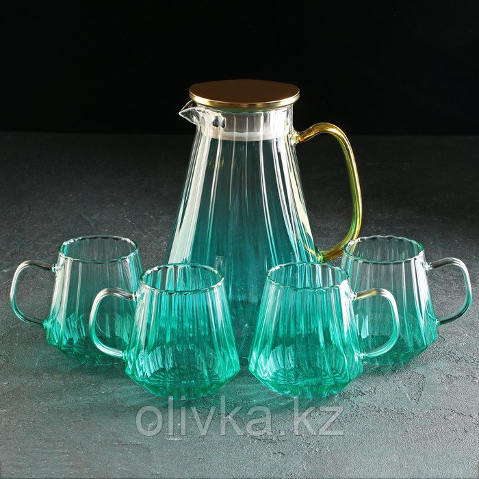 Набор для напитков из стекла Magistro «Градиент», 5 предметов: кувшин 1,8 л, 4 кружки 300 мл, цвет бирюзовый - фото 1 - id-p113269026