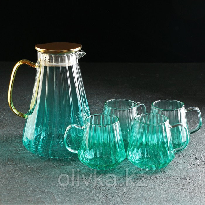 Набор для напитков из стекла Magistro «Градиент», 5 предметов: кувшин 1,8 л, 4 кружки 300 мл, цвет бирюзовый - фото 2 - id-p113269026