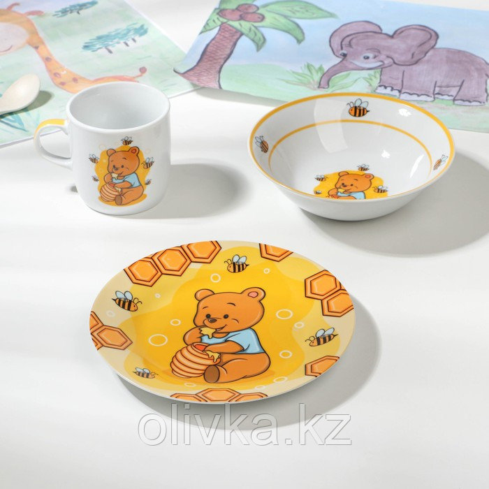 Набор детской посуды из керамики Доляна «Медвежонок и мёд», 3 предмета: кружка 230 мл, миска 400 мл, тарелка - фото 1 - id-p113273905