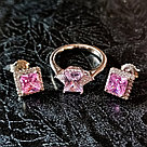 Серебряный набор украшений кольцо и серьги-гвоздики с розовыми кристаллами, фото 2