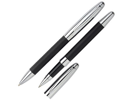 Набор Рейн: ручка шариковая, ручка роллер в футляре черный, фото 2