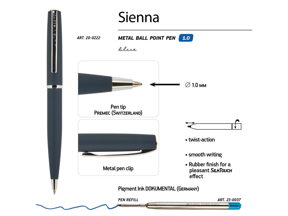 Ручка Sienna шариковая автоматическая, синий металлический корпус, 1.0 мм, синяя - фото 3 - id-p113309263