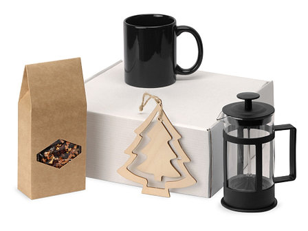 Подарочный набор с чаем, кружкой, френч-прессом и новогодней подвеской Чаепитие, черный, фото 2