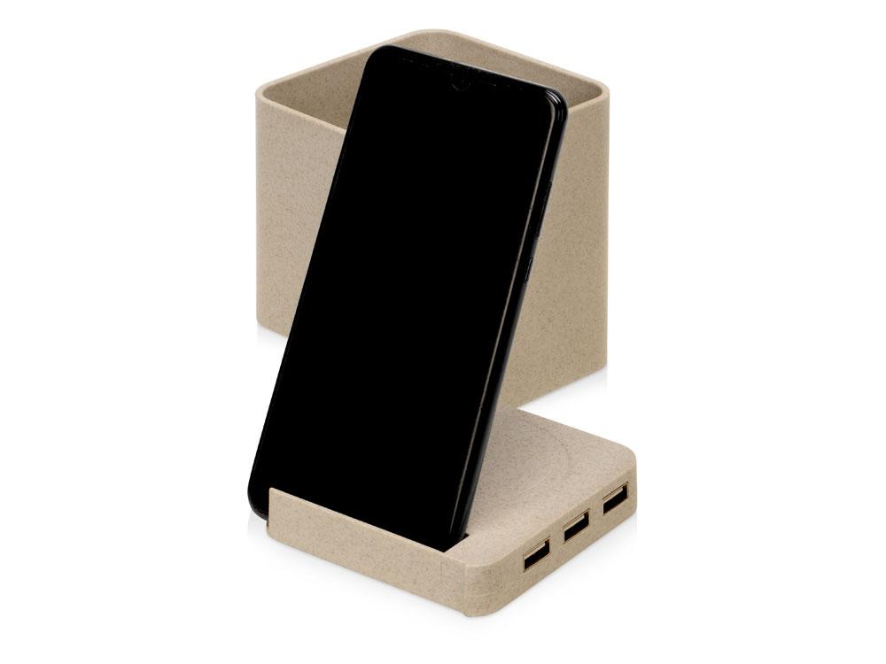 Настольный органайзер Cubic из пшеничного волокна с функцией беспроводной зарядки и выходами USB - фото 1 - id-p113310670