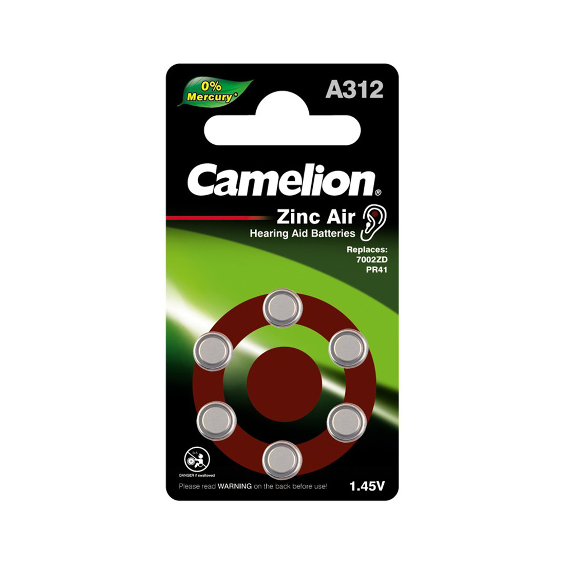 Camelion ZA312 BL-6 Mercury Free (A312-BP6(0 Hg), батарейка для слуховых аппаратов, 1.4 V,170mAh) - фото 1 - id-p113317667