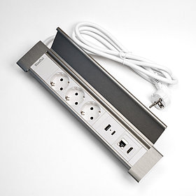 Shelbi SDO3-MULT10-S Настольный блок с крышкой, 3 розетки 220B, 1 USB, 1 Type-C, RJ45, HDMI, серебро