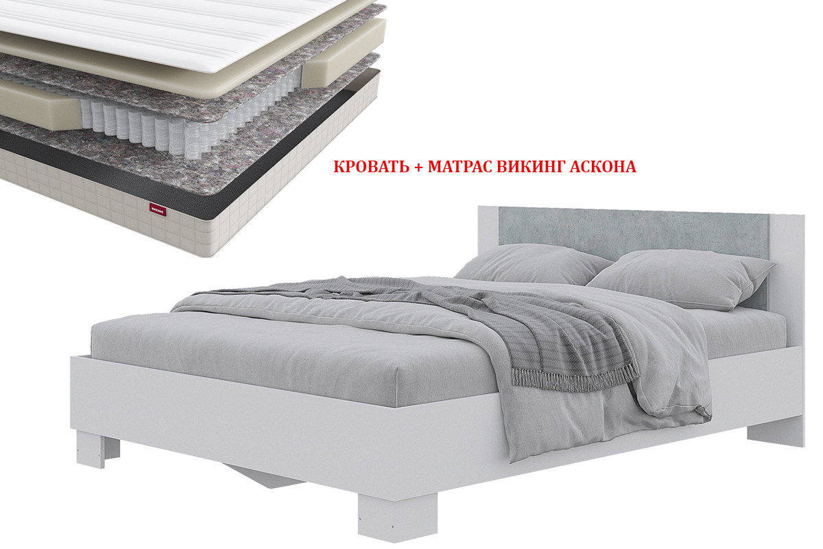 Нова - Кровать с матрасом Викинг 00042288, 160, Белый/Бетон, Горизонт - фото 1 - id-p113325121