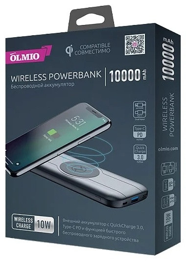 Зарядное беспроводное устройство Power bank Olmio QW-10 10000mAh серый - фото 1 - id-p113328073