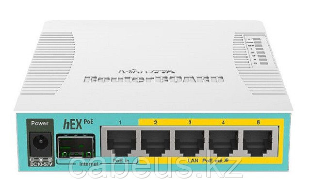 Маршрутизатор Mikrotik, HEX PoE, портов: 6, LAN: 4, USB: Да, 29х114х137 мм (ВхШхГ), цвет: белый, порт SFP, - фото 1 - id-p113397762