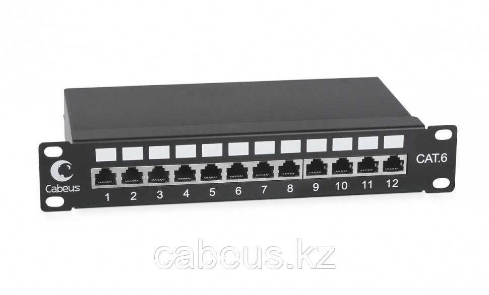 Коммутационная патч-панель Cabeus, 10", 1HU, портов: 12 х RJ45, кат. 6, экр., порты в 1 ряд, цвет: чёрный, - фото 1 - id-p113395264