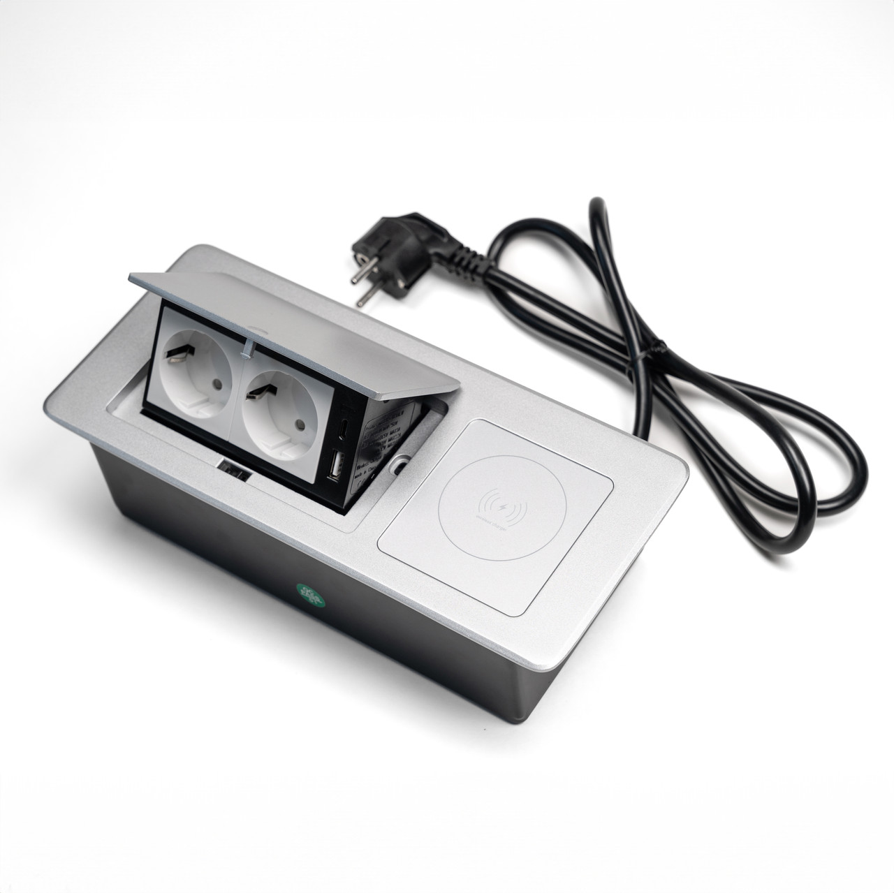 Shelbi Настольный бокс с беспроводной зарядкой, 2 розетки, 1 USB, 1 Type-C, шнур 1,5 м., серебро, фото 1