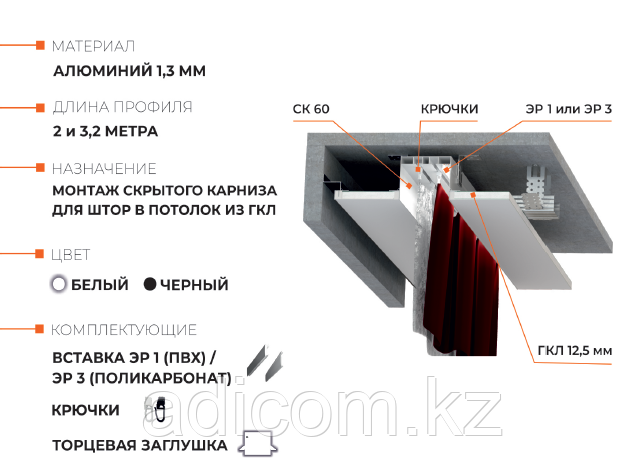 СК 60 - Скрытый карниз (м.п.): продажа, цена в Шымкенте. Гипсокартон от ...