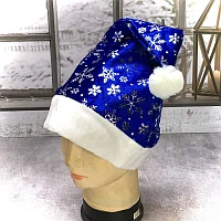 Новогодняя шапка с помпоном блестками, шапочка деда мороза синяя