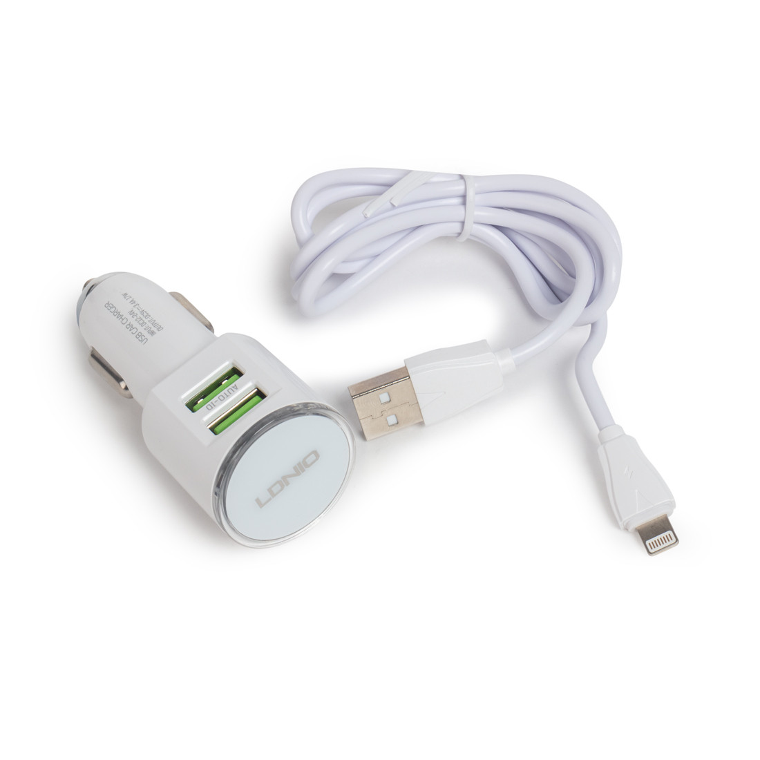 Автомобильное зарядное устройство, LDNIO, DL-C29, 2*USB(3.4A), Кабель Lightning (Iphone) 1м, Белый - фото 3 - id-p113445223