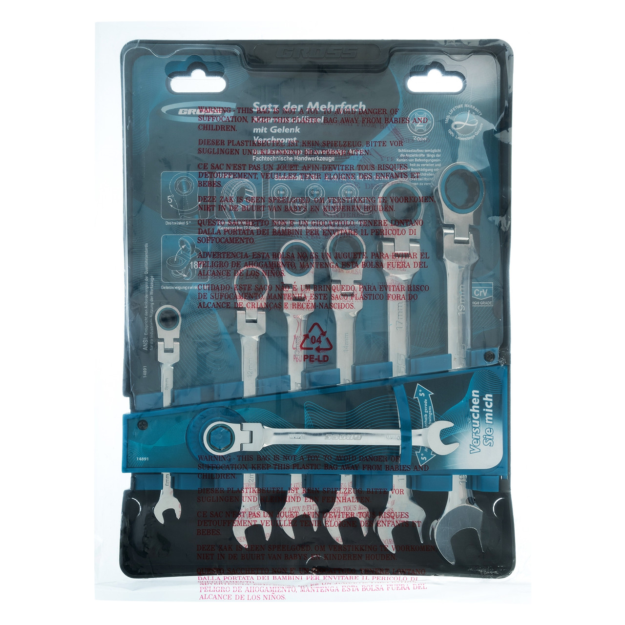 Набор ключей комбинированных с трещоткой, 8-19 мм, 7 шт, шарнирные, CrV Gross - фото 7 - id-p113452963