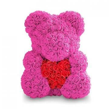 Мишка из роз в подарочной упаковке, ярко-розовый с красным сердцем