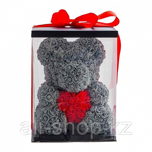 Мишка из роз в подарочной упаковке, серый с красным сердцем - фото 1 - id-p113465910