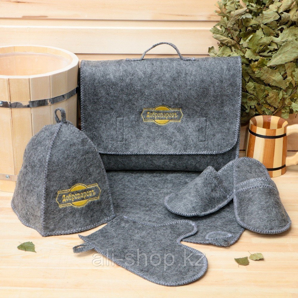 Набор банный портфель 5 предметов - Добропаровъ, серый с золотой вышивкой - фото 1 - id-p113467467
