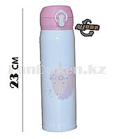 Вакуумный термос с поильником 480 мл с принтом Единорог с розовыми волосами, белый