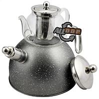 Чайник со свистком из нержавеющей стали 3 л с термостойким заварником 600 мл 2 в 1 Haus roland серый