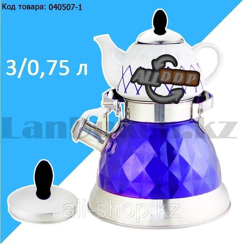 Набор чайный двойной чайник для кипячения воды со свистком и заварочный чайник с ситом А-761Т синий - фото 1 - id-p113469101