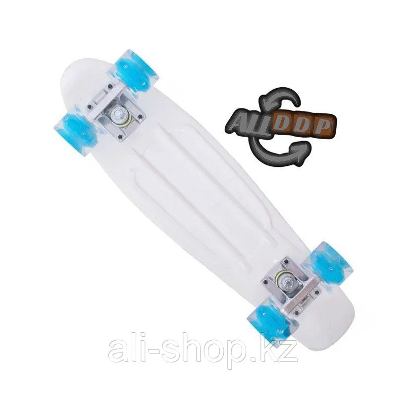 Пенни борд подростковый 56*15 Penny Board с гелевыми светящимися прозрачными голубыми колесами цветной принт - фото 5 - id-p113469577