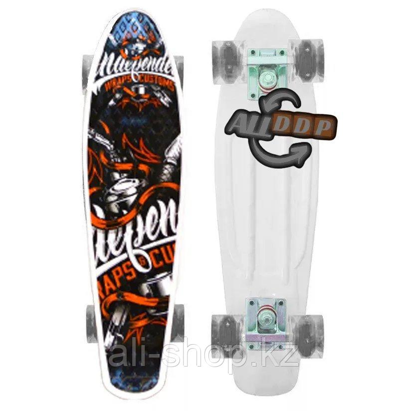 Пенни борд подростковый 56*15 Penny Board с гелевыми светящимися прозрачными черными колесами цветной принт - фото 1 - id-p113469581