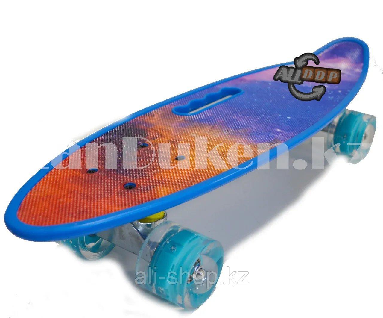 Лонгборд подростковый 59*16 Penny Board с ручкой и со светящимися колесами (пенни борд) Космос - фото 7 - id-p113469582